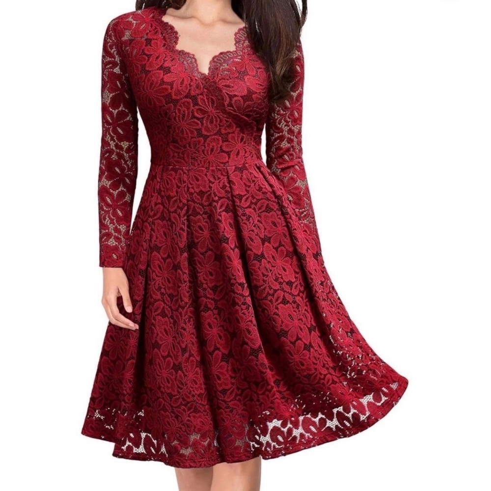Women's Long Sleeve Burgundy Lace Fit-and-Flare Dress
